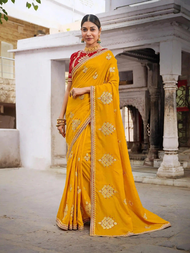 Mustard work silk blend saree festive wear