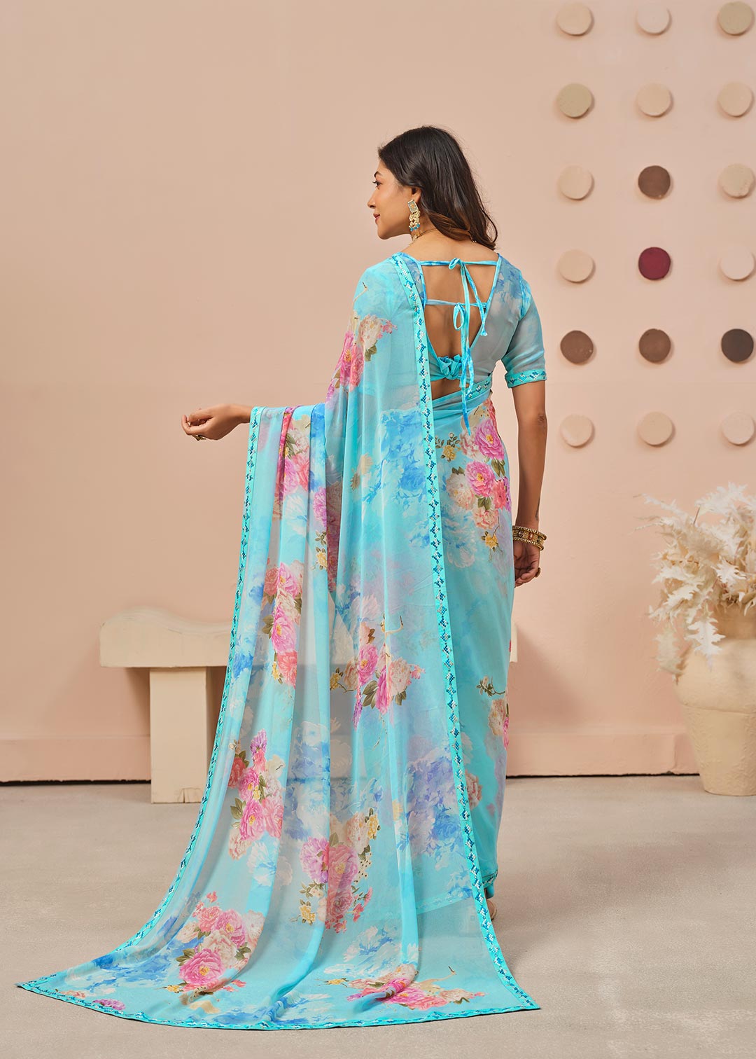Blue floral printed georgette saree casual wear