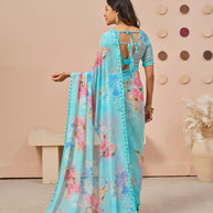 Blue floral printed georgette saree casual wear