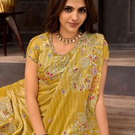 Yellow embroidered silk blend saree party wear