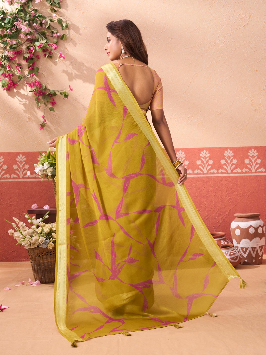 Olive Green printed chiffon saree festive wear