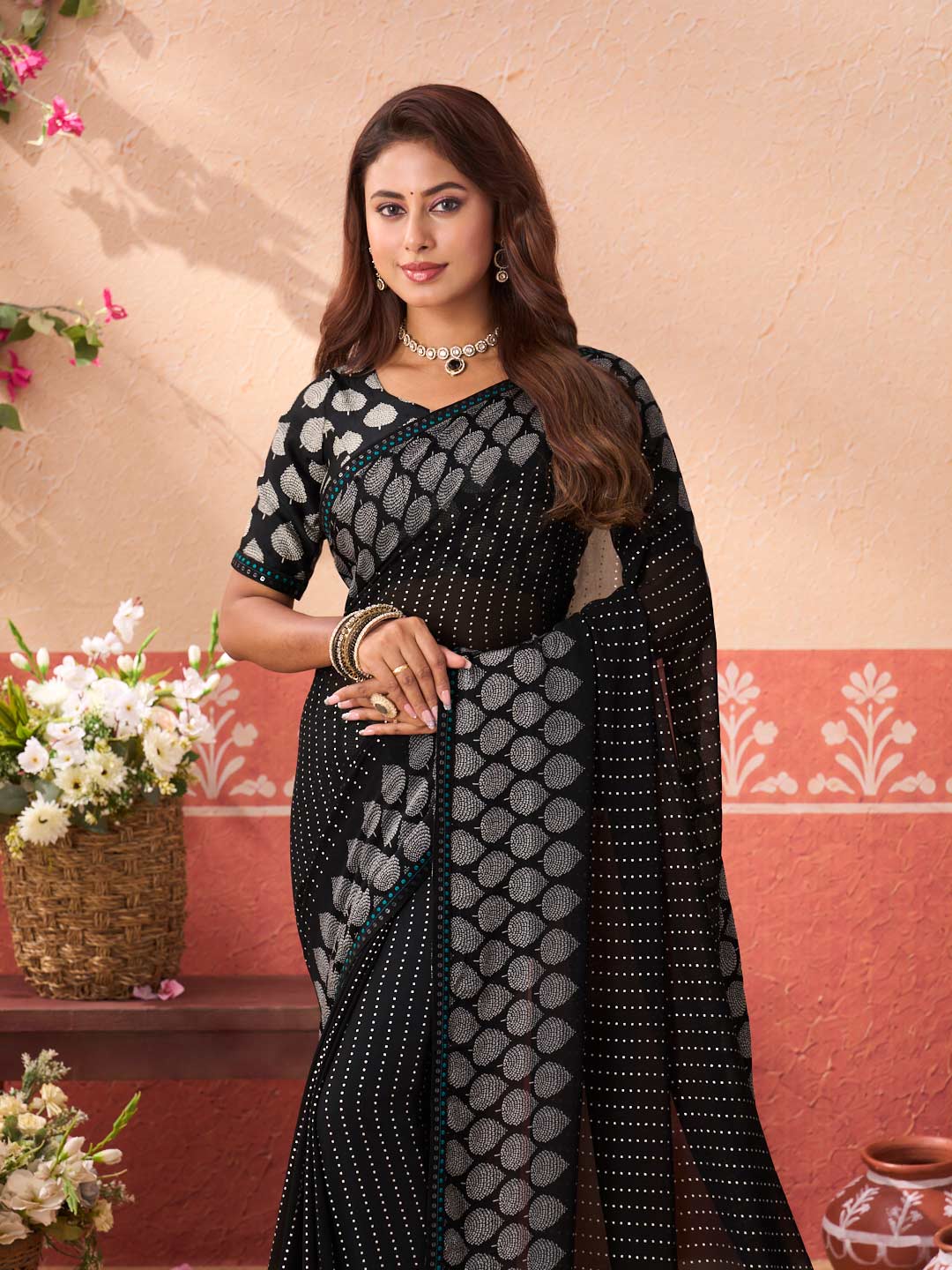 Black geometric printed georgette saree wedding wear