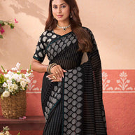 Black geometric printed georgette saree wedding wear