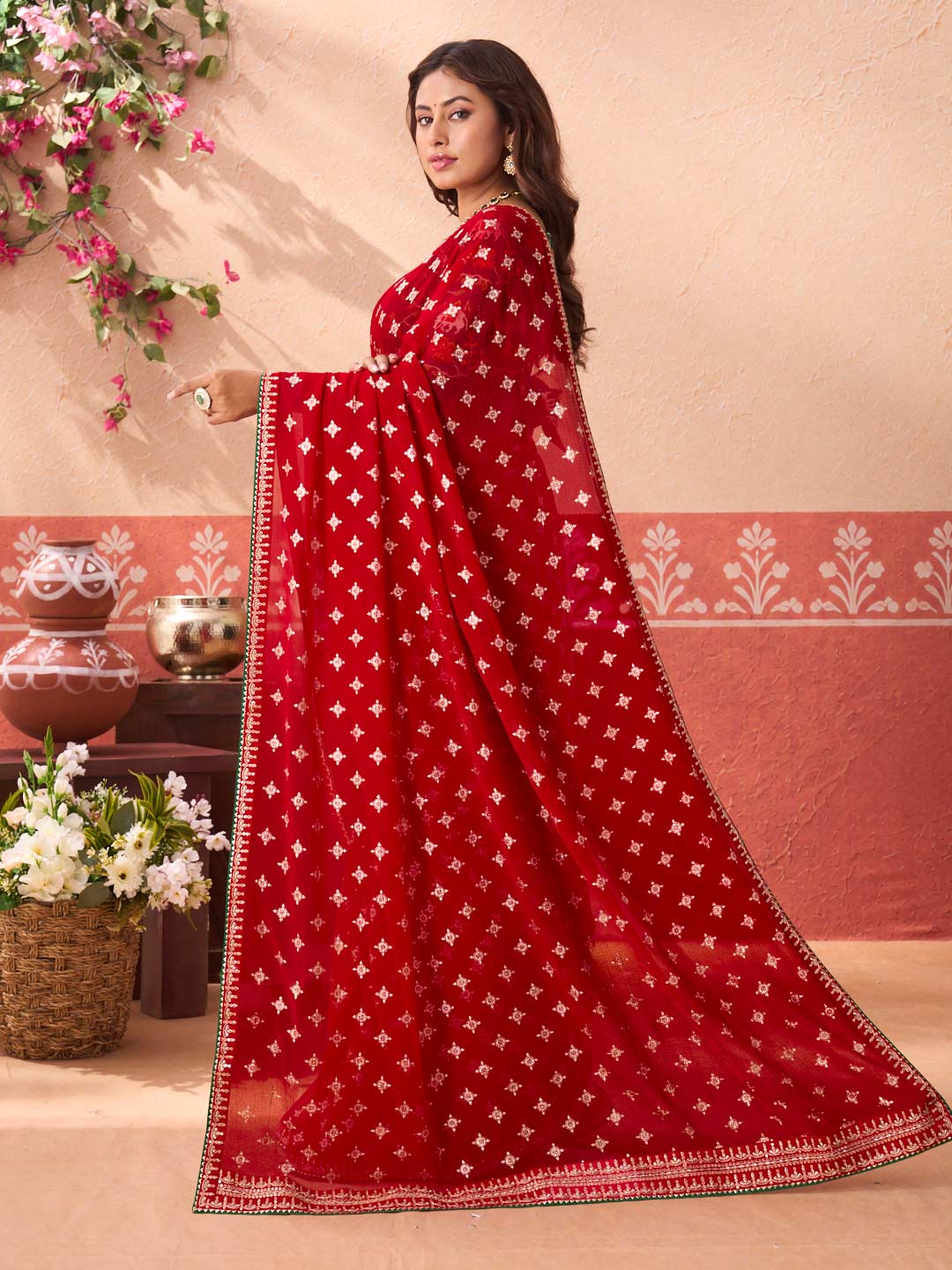 Red printed georgette saree festive wear