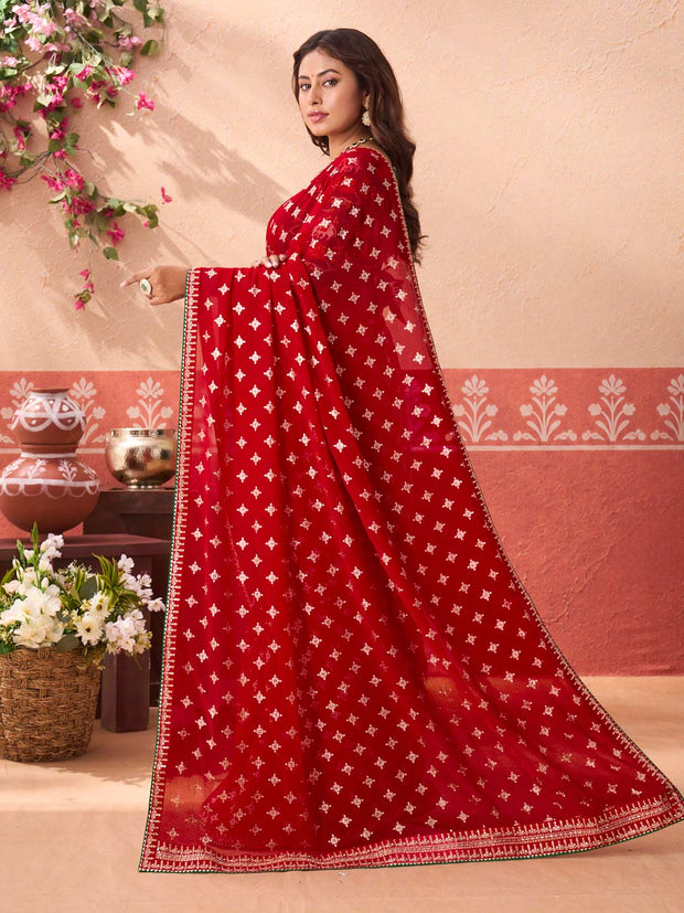 Red printed georgette saree festive wear