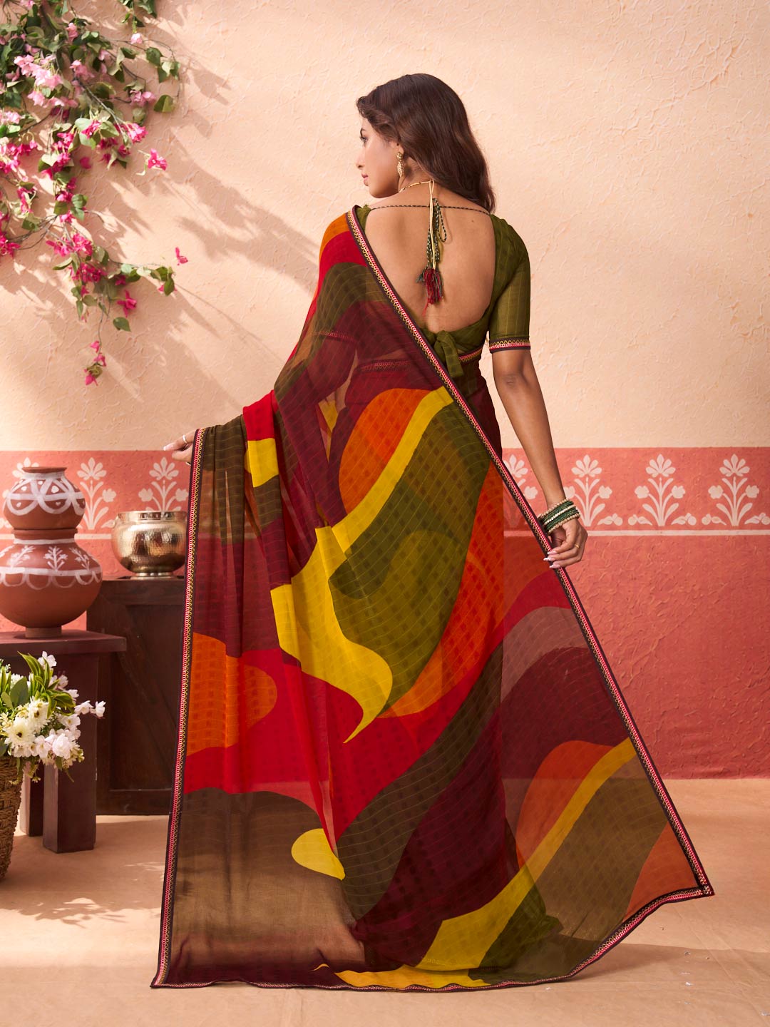Multicolor abstract printed georgette saree party wear