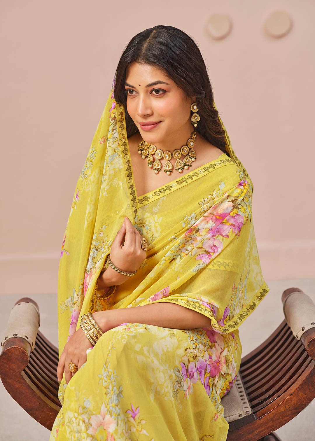 yellow georgette saree