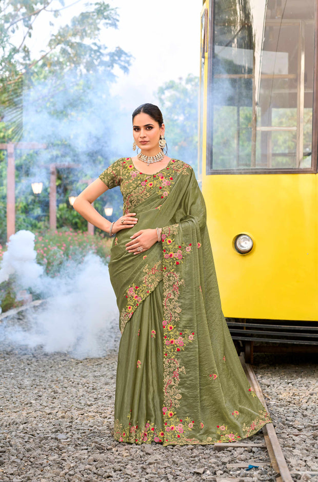 Green embroidered chiffon saree festive wear