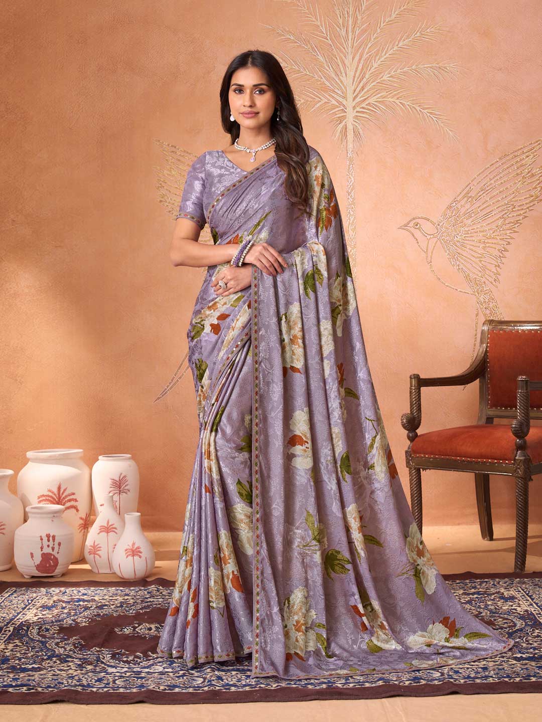 Purple embroidered silk blend saree party wear