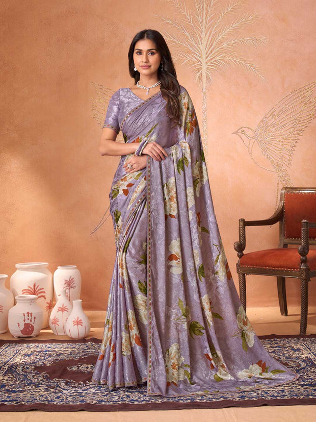 Purple embroidered silk blend saree party wear