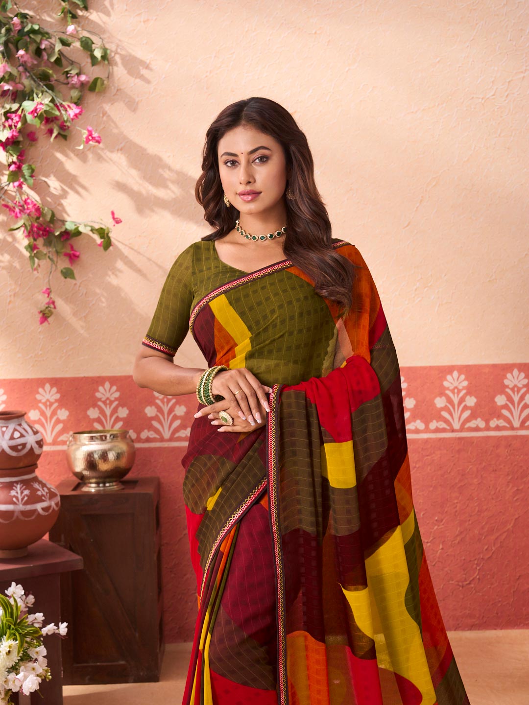 Multicolor abstract printed georgette saree casual wear
