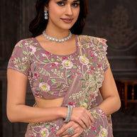 Purple embroidered silk blend saree party wear