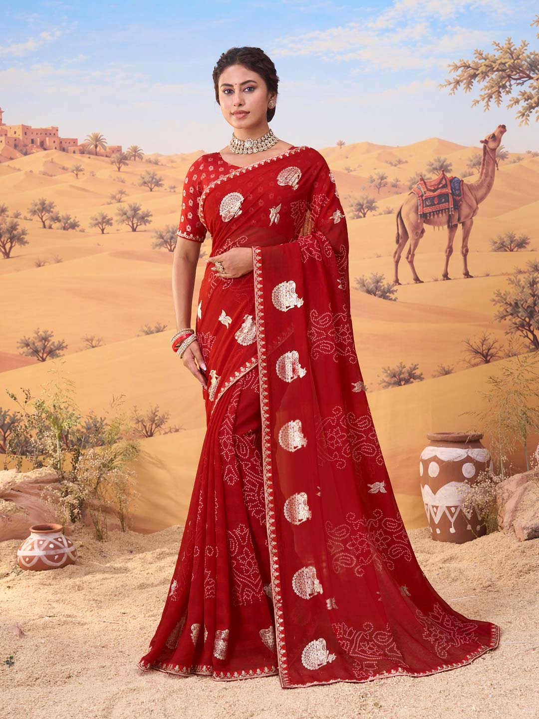 Red bandhani printed georgette saree festive wear