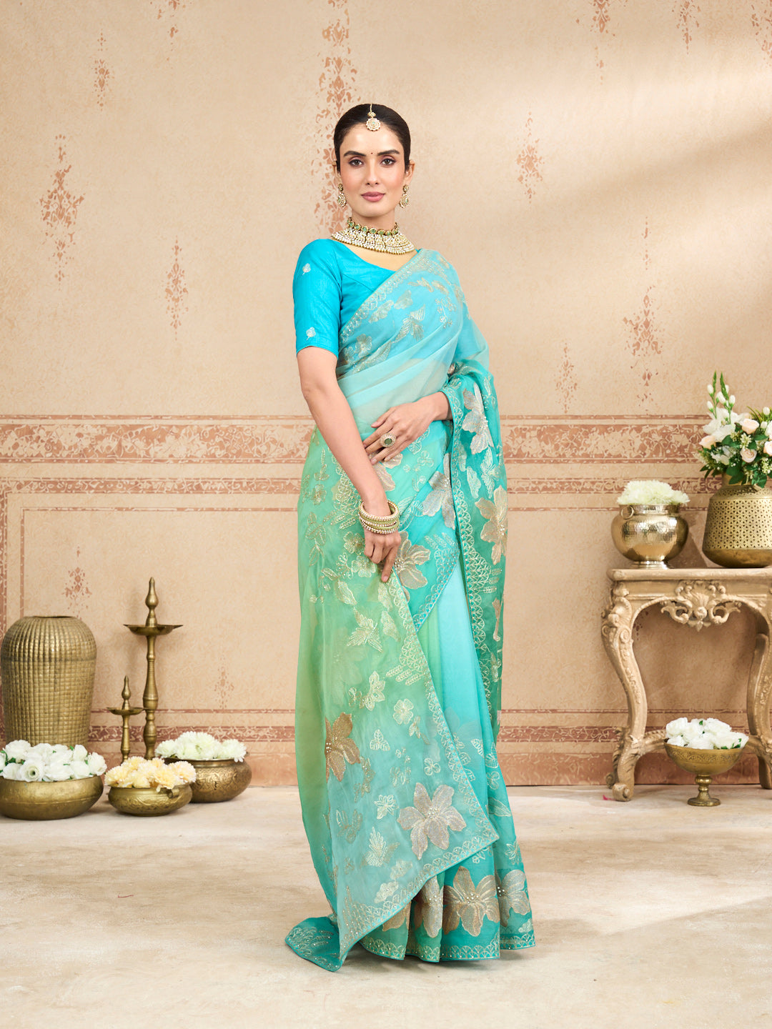 Green embroidered tissue organza saree daily wear