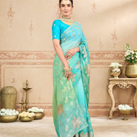 Green embroidered tissue organza saree daily wear