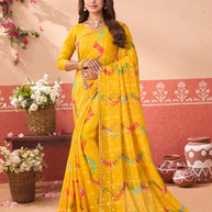 Yellow geometric printed chiffon saree daily wear