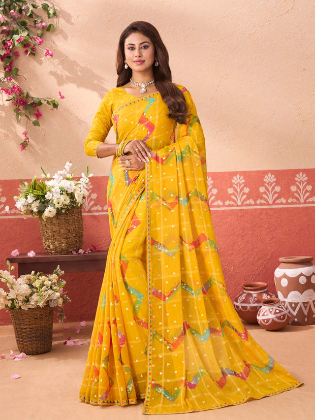 Yellow geometric printed chiffon saree daily wear