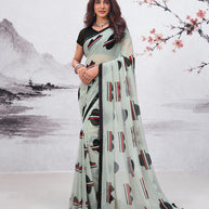 Grey geometric printed georgette saree daily wear