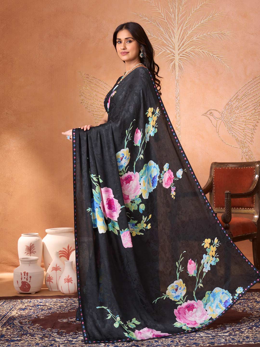Black floral embroidered silk blend saree daily wear