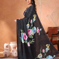 Black floral embroidered silk blend saree daily wear