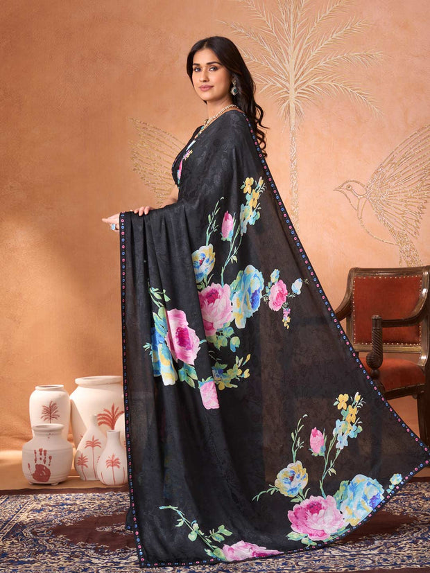 Black floral embroidered silk blend saree daily wear