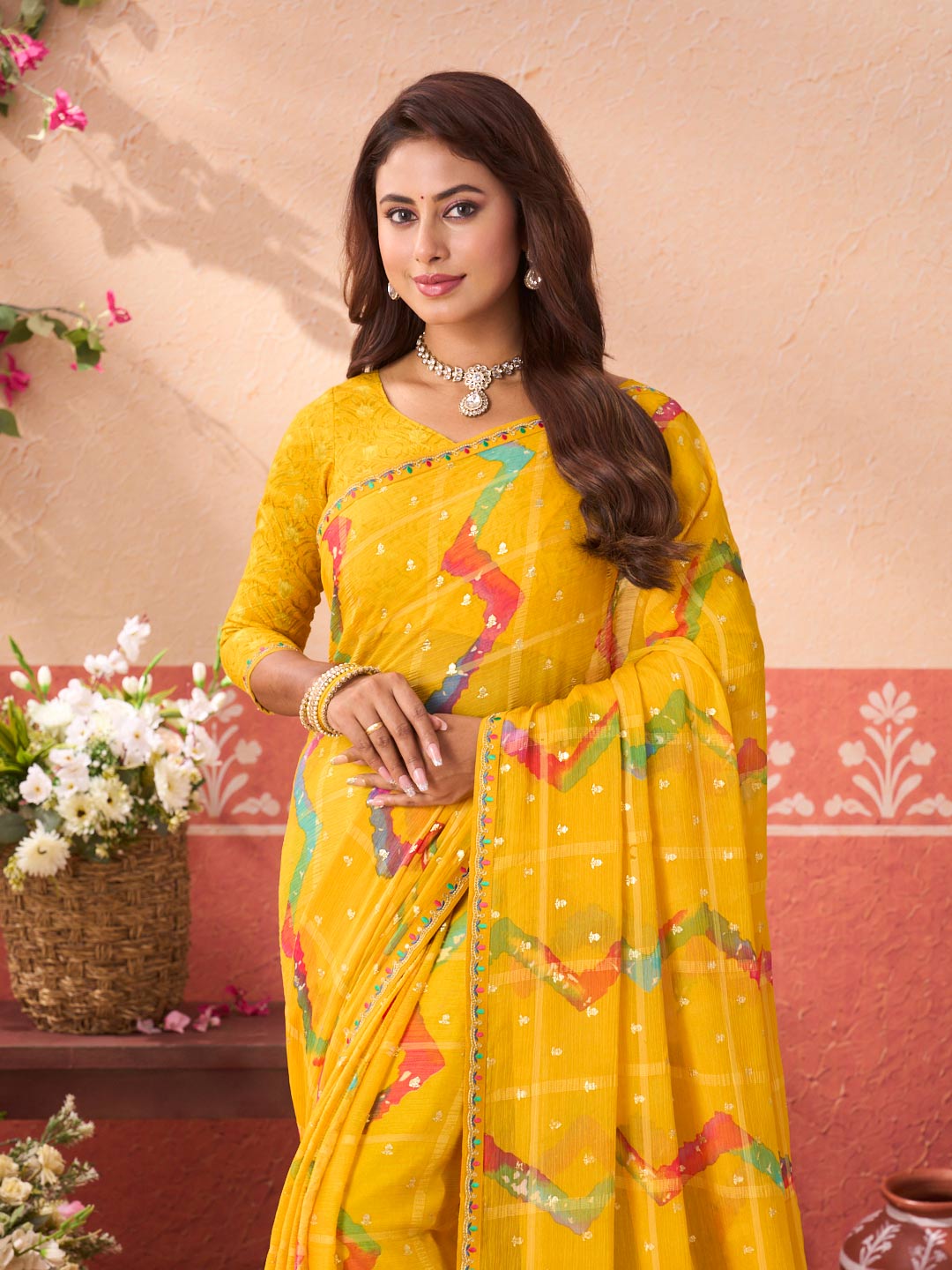 Yellow geometric printed chiffon saree casual wear