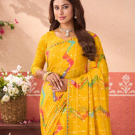 Yellow geometric printed chiffon saree casual wear
