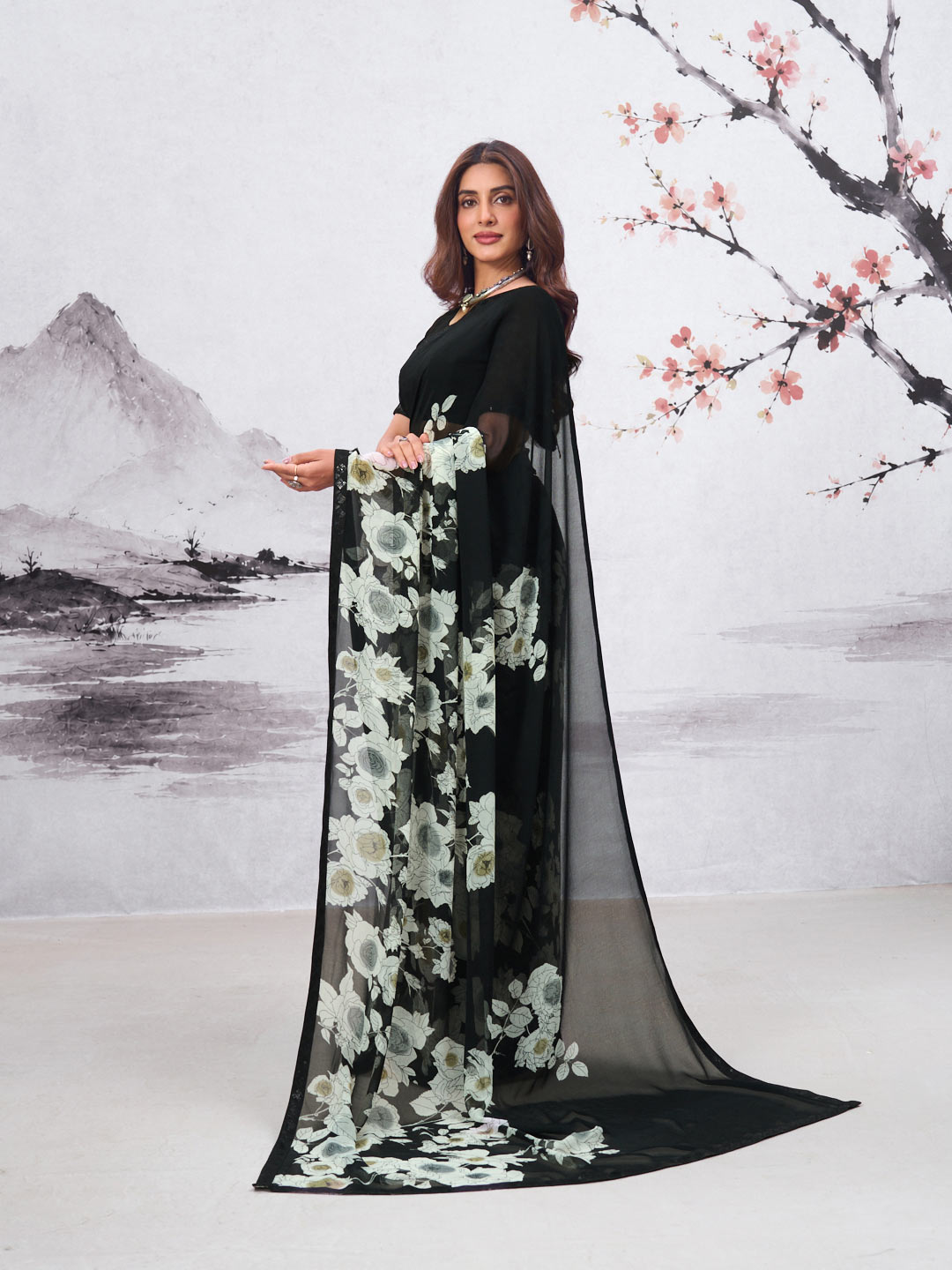 Black floral printed georgette saree daily wear