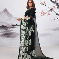 Black floral printed georgette saree daily wear