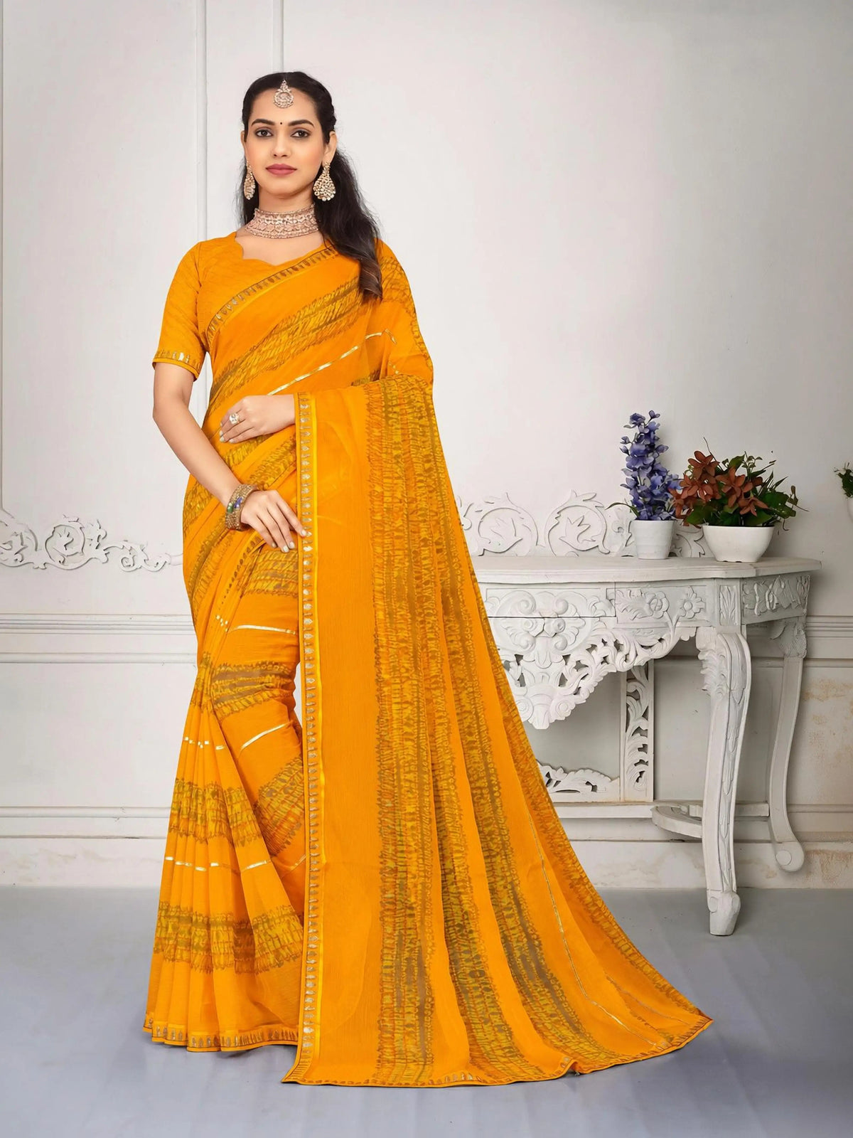 Mustard printed chiffon saree daily wear