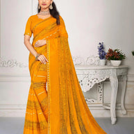 Mustard printed chiffon saree daily wear