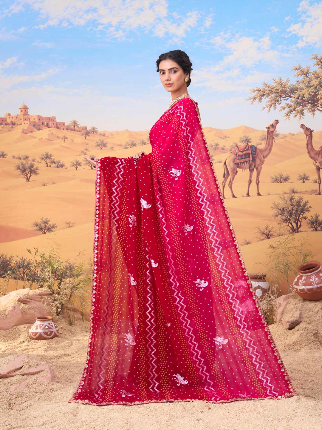 Pink bandhani printed georgette saree daily wear