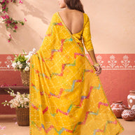 Yellow geometric printed chiffon saree party wear