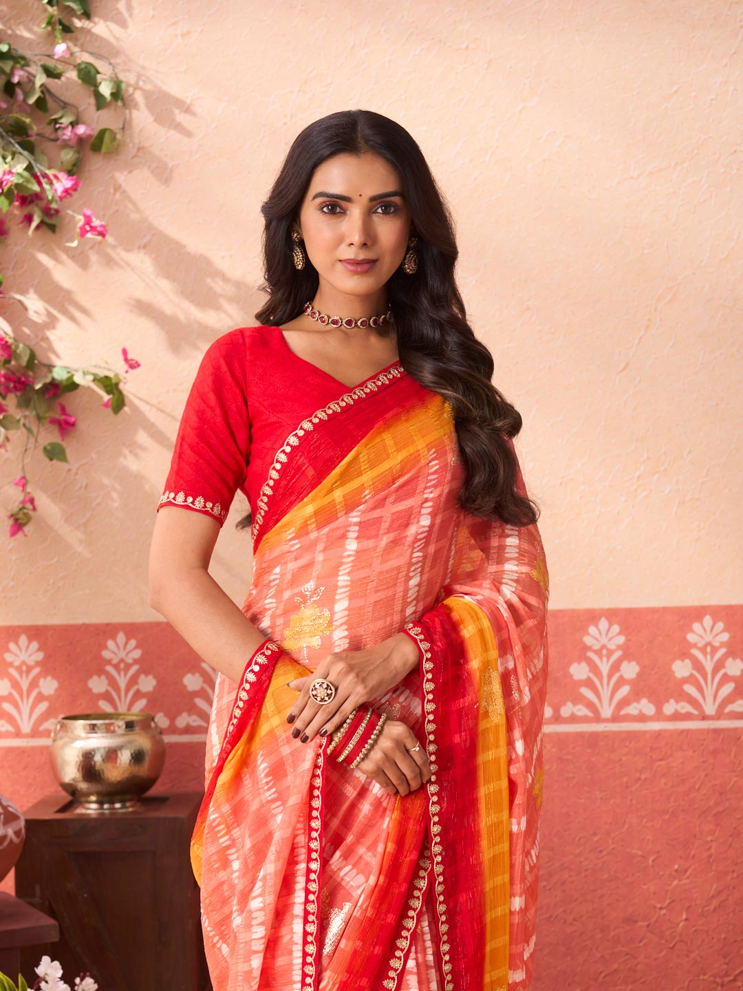 Pink floral printed chiffon saree wedding wear