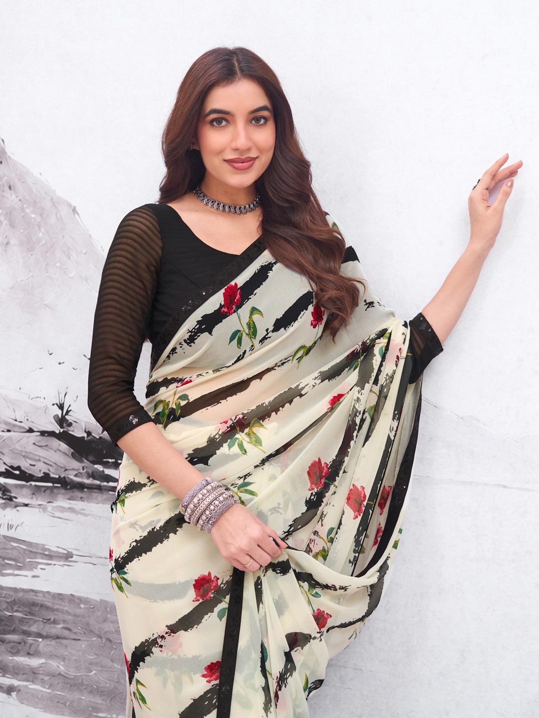 White floral printed georgette saree wedding wear