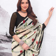 White floral printed georgette saree wedding wear