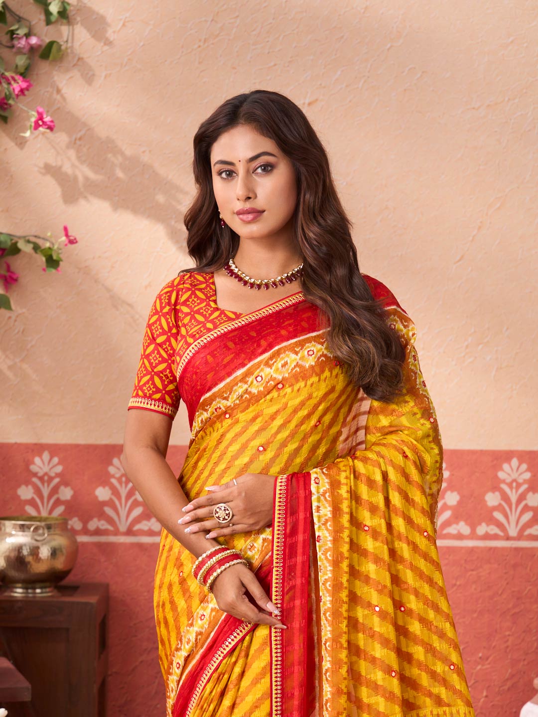 Mustard floral printed chiffon saree wedding wear