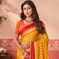 Mustard floral printed chiffon saree wedding wear