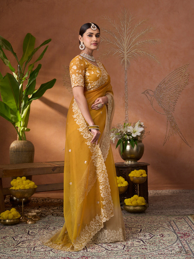 Mustard floral embroidered tissue organza saree wedding wear