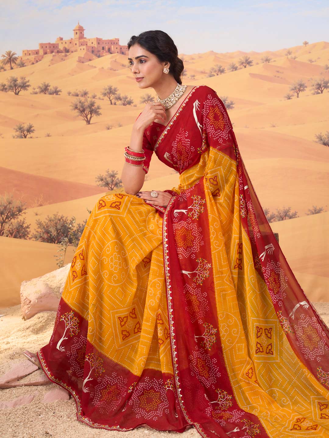 Orange bandhani printed georgette saree wedding wear