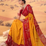 Orange bandhani printed georgette saree wedding wear
