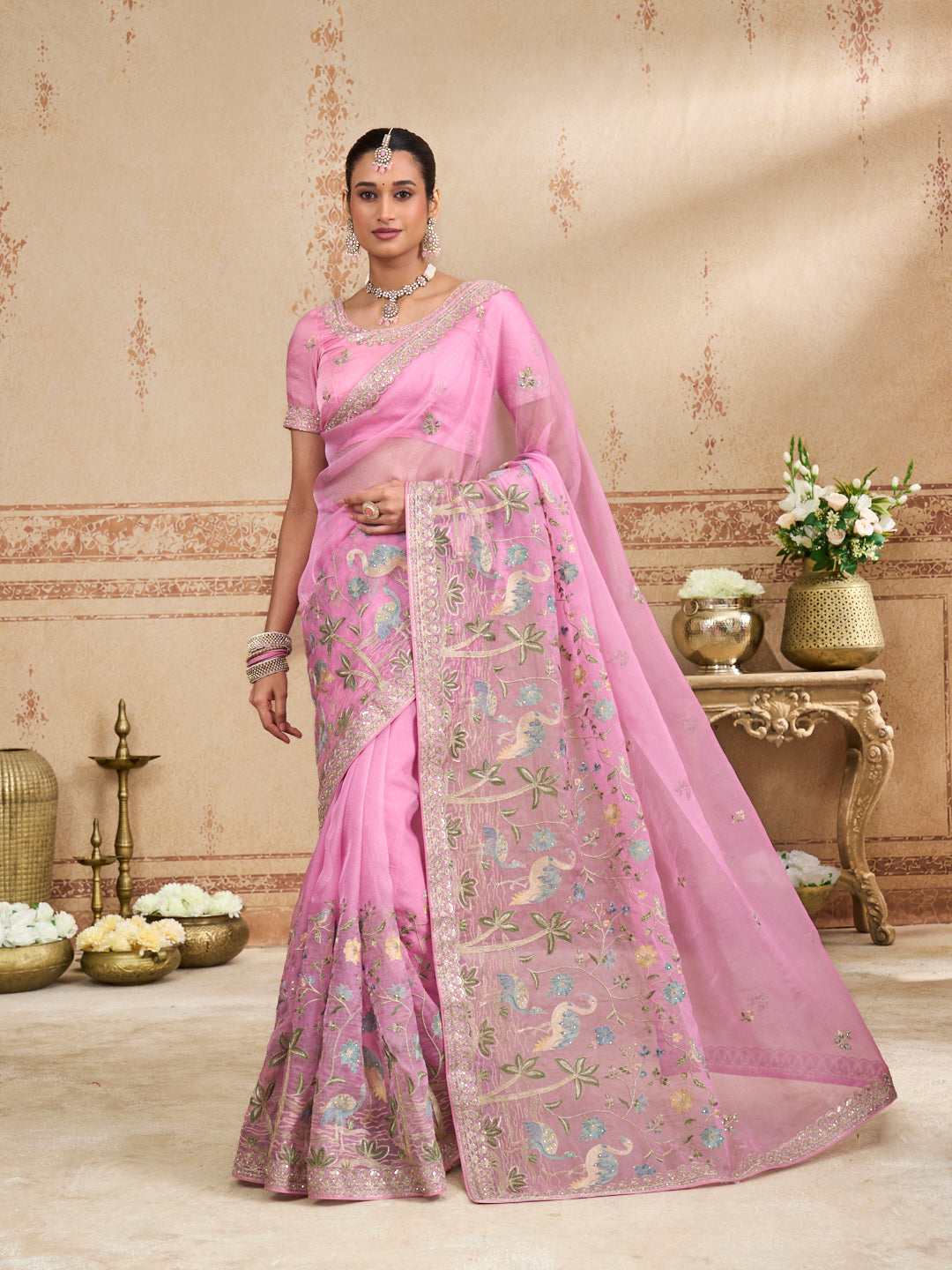 Pink embroidered chiffon saree party wear