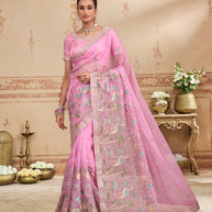 Pink embroidered chiffon saree party wear
