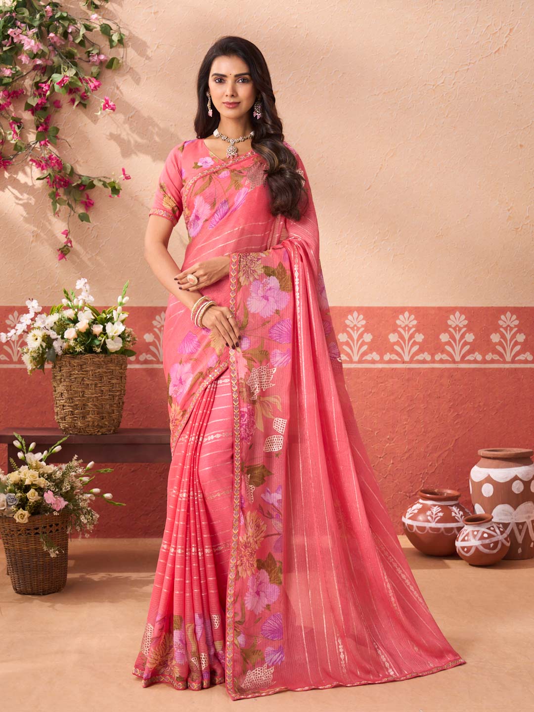 Pink floral printed chiffon saree festive wear