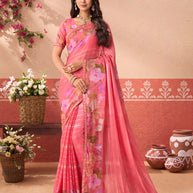 Pink floral printed chiffon saree festive wear