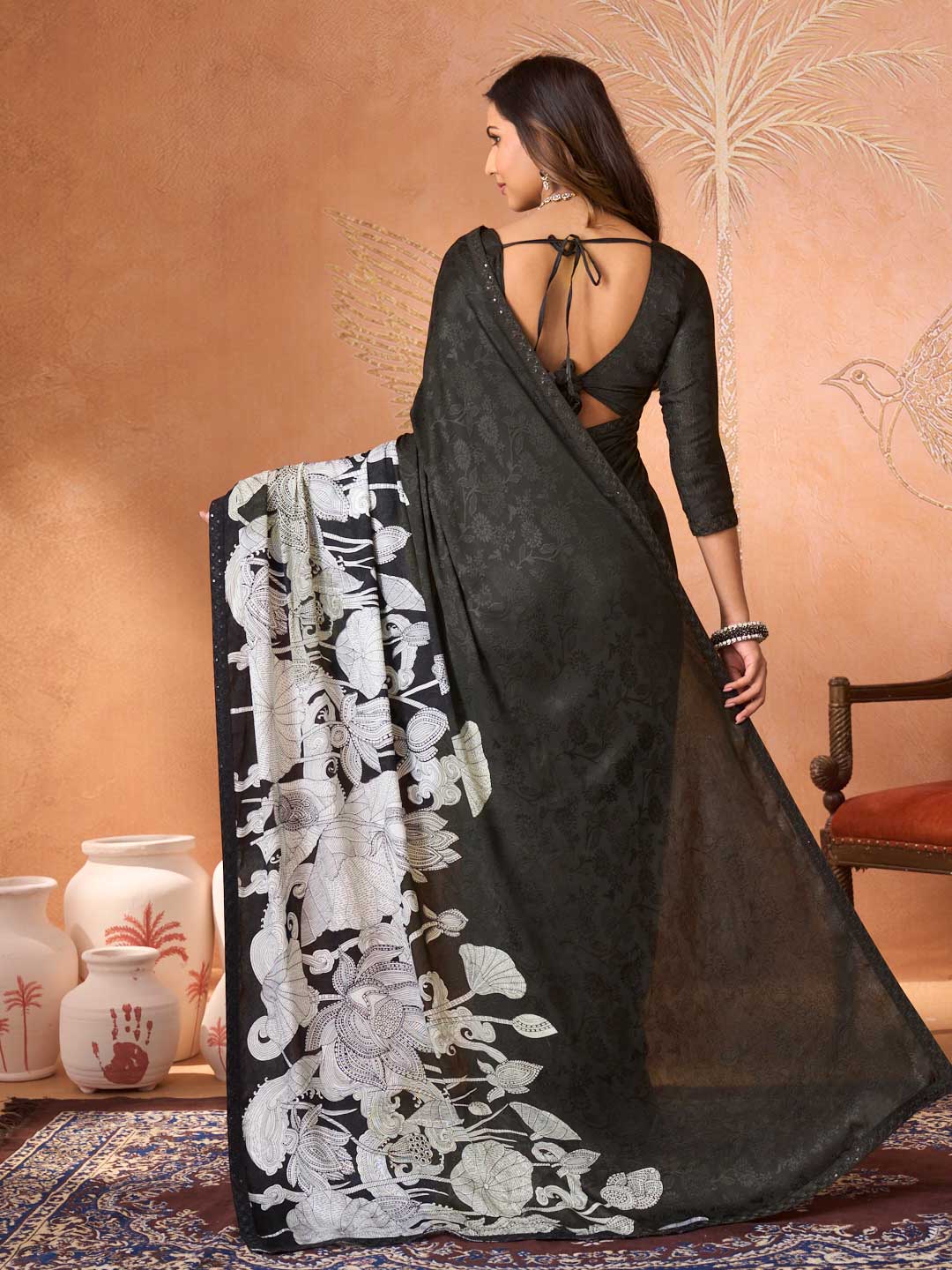 Black embroidered silk blend saree festive wear