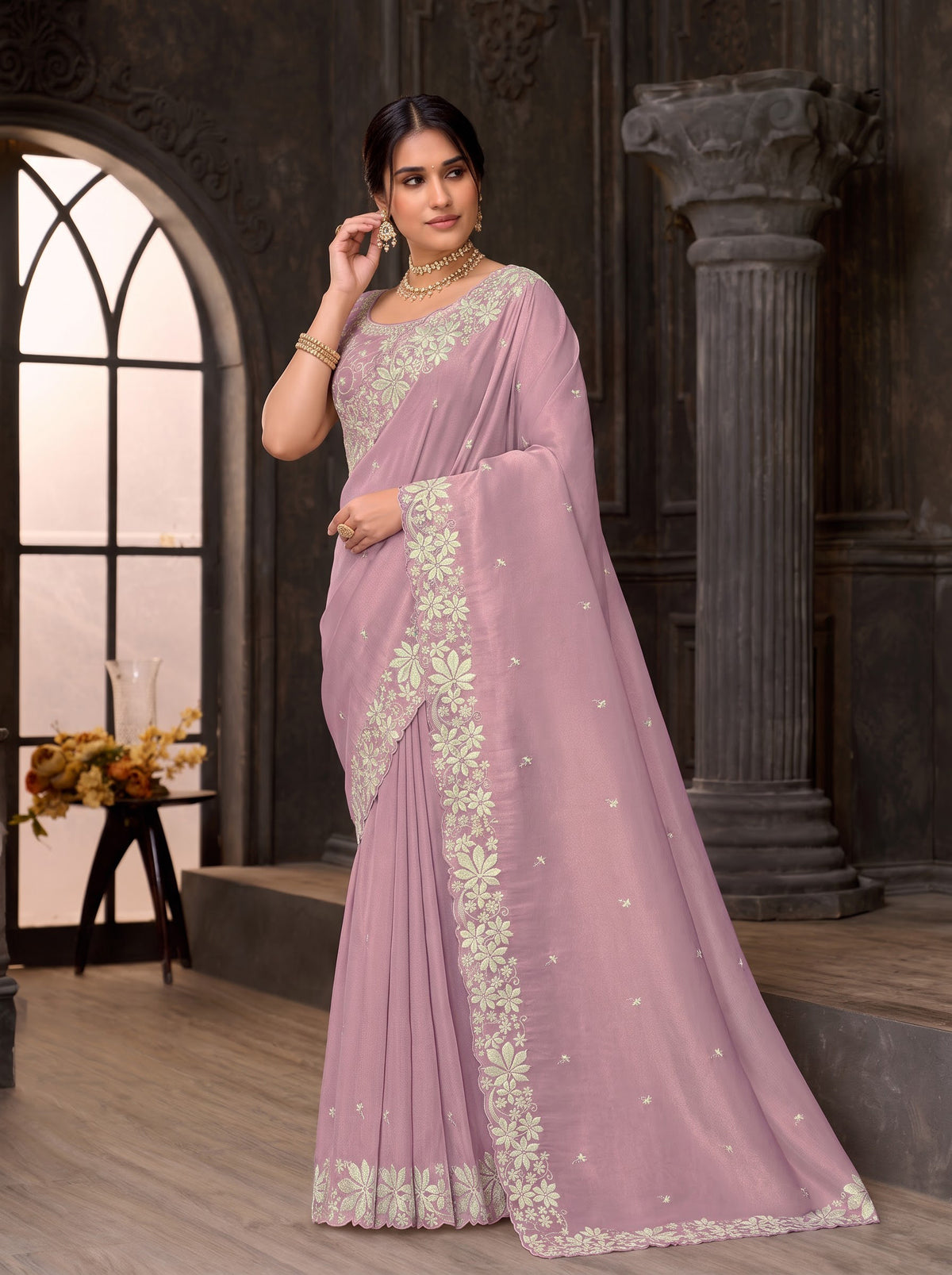 Purple embroidered tissue organza saree daily wear