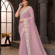Purple embroidered tissue organza saree daily wear