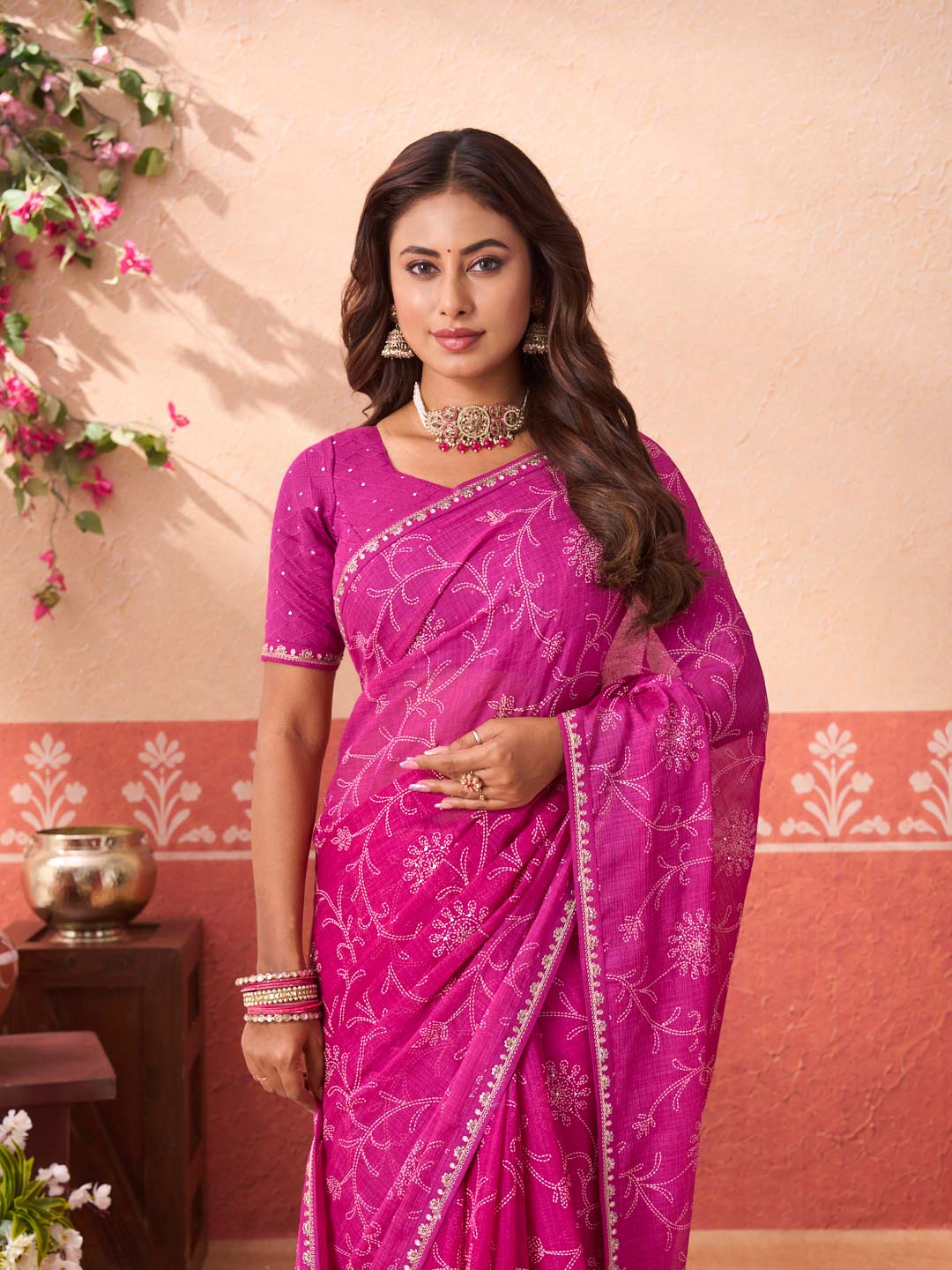 Pink floral printed chiffon saree wedding wear