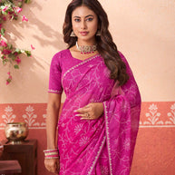 Pink floral printed chiffon saree wedding wear